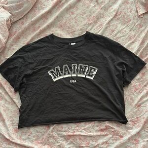 Divided Black Crop Top with White 'Maine USA' Print